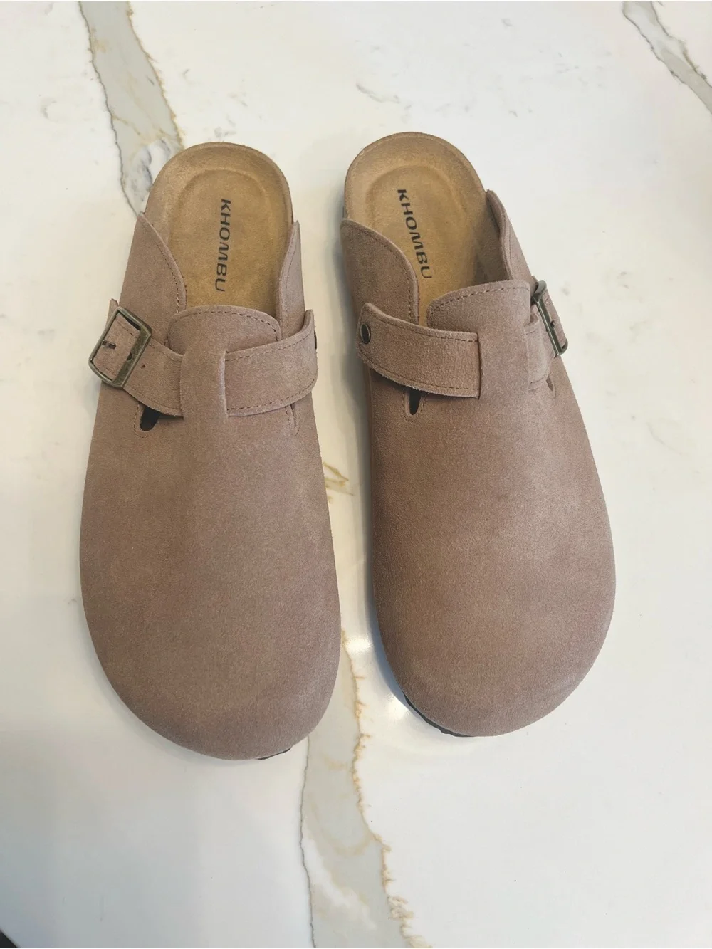 Khombu Taupe Suede Slip-On Buckle Mule